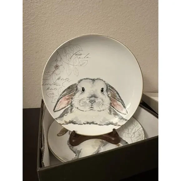 Pier 1 Imports Easter Elegant Gray Bunnies Rabbit 8" Salad Dessert Plates -4 BOX - Picture 6 of 7